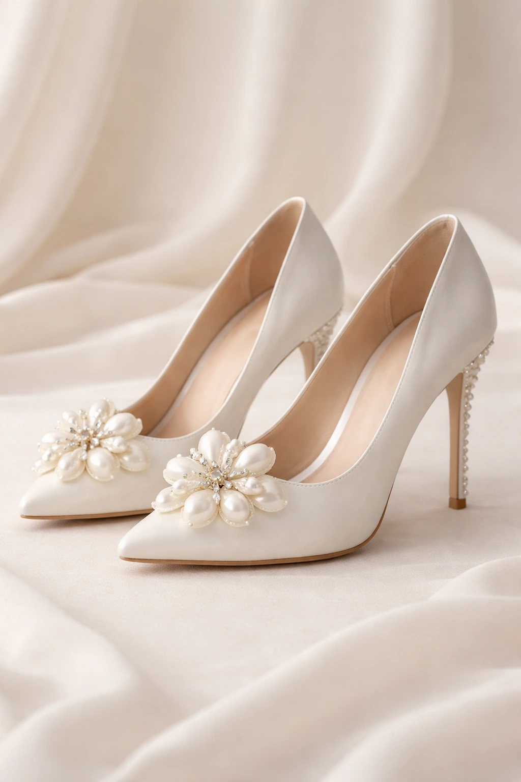 Pearl flower accent bridal heels with satin finish and pencil heel for comfortable wedding wear