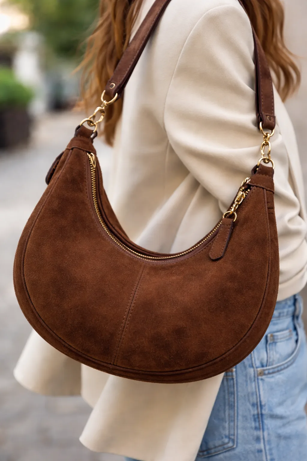Soft brown suede hobo purse inspiration with gold chain detail, classy everyday purse and bag inspiration