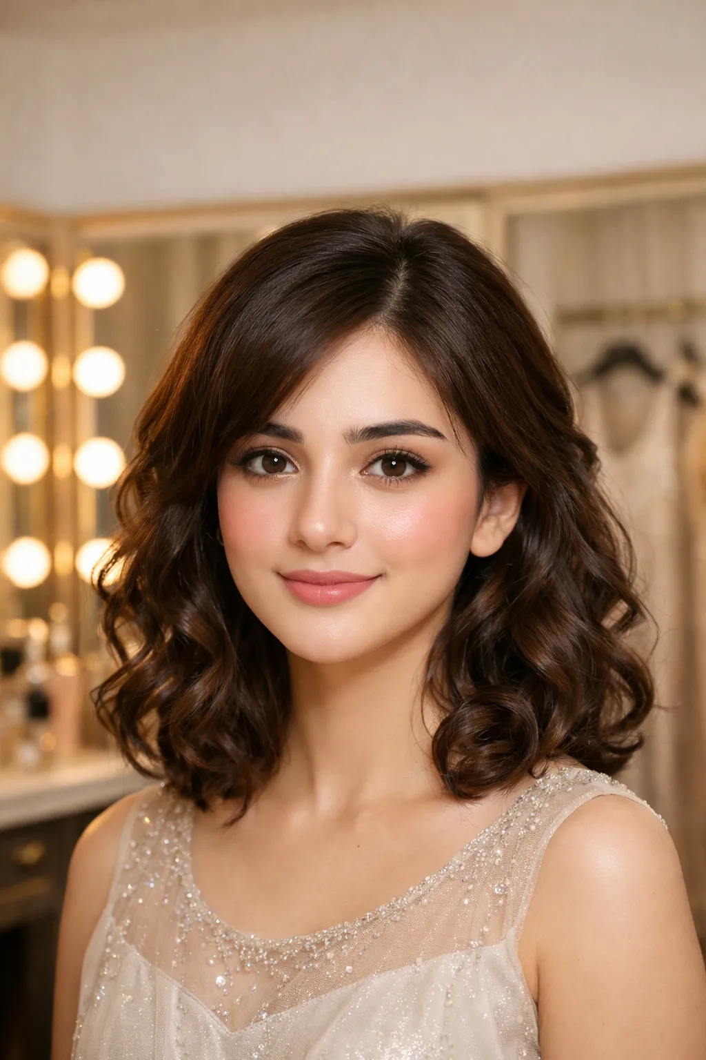 Soft glam loose curls prom hairstyle with shoulder length waves and side part, styled for an elegant prom night look