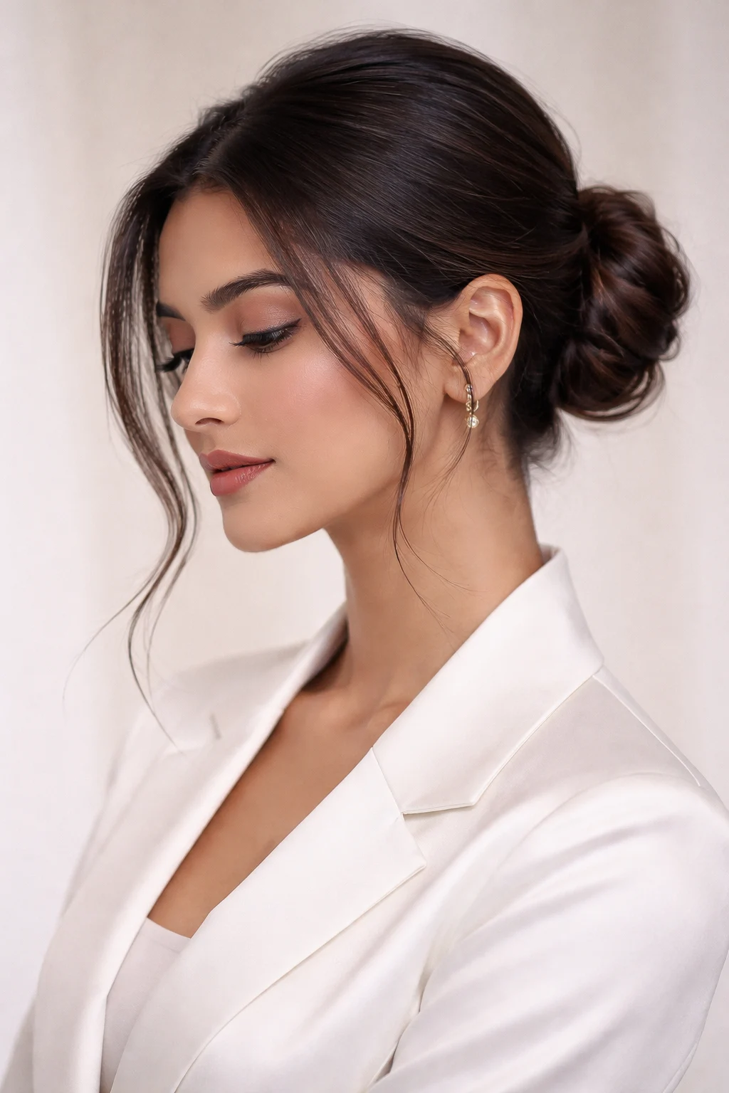 Soft side part low knot bun hairstyle modern Western hair style elegant updo for everyday wear and events