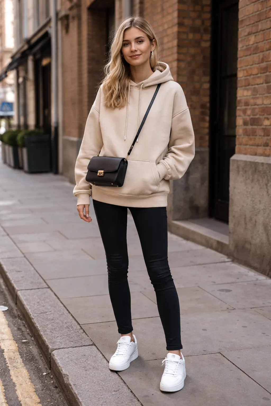 Beige oversized hoodie with black skinny jeans and white sneakers casual outfit for girl's city street style