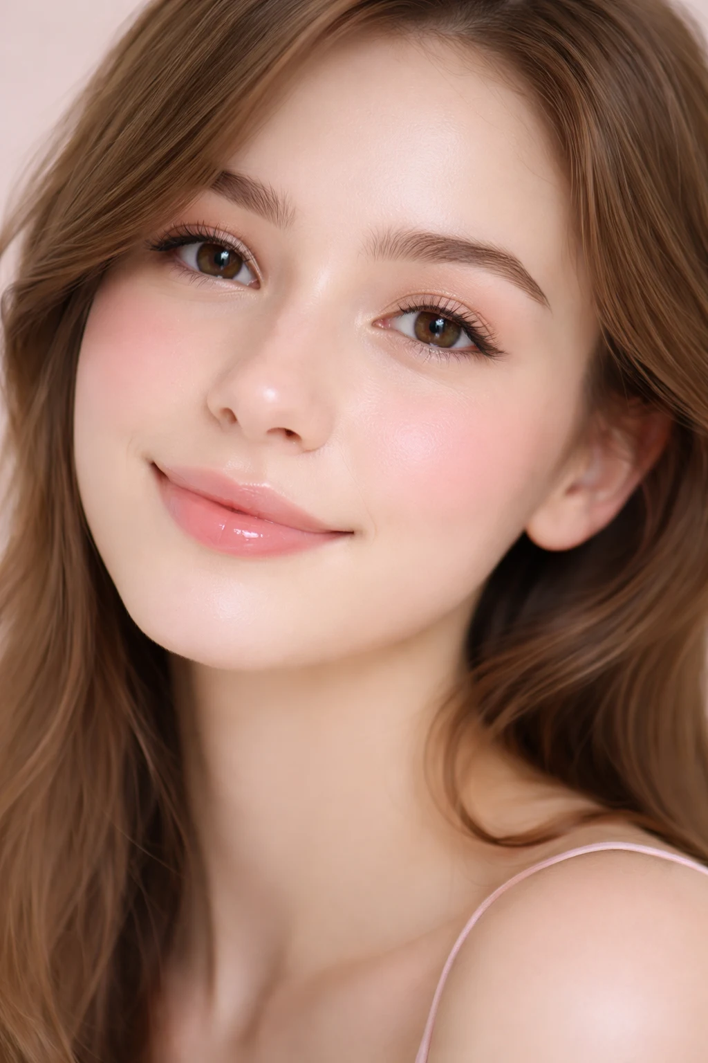 Soft peach dewy makeup with glowing skin, natural blush and glossy lips
