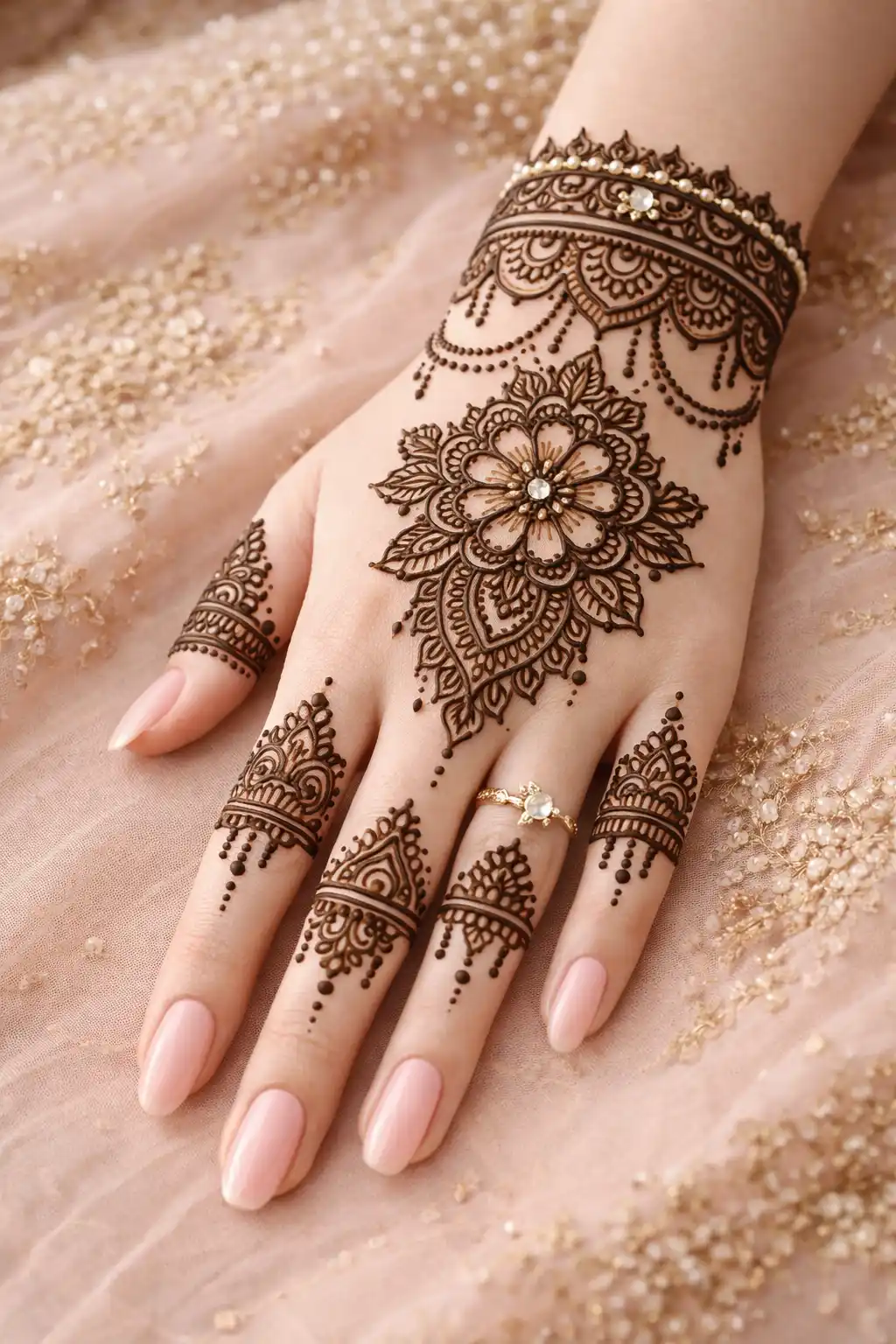 floral medallion mehndi design with draped wrist accents and clean finger bands