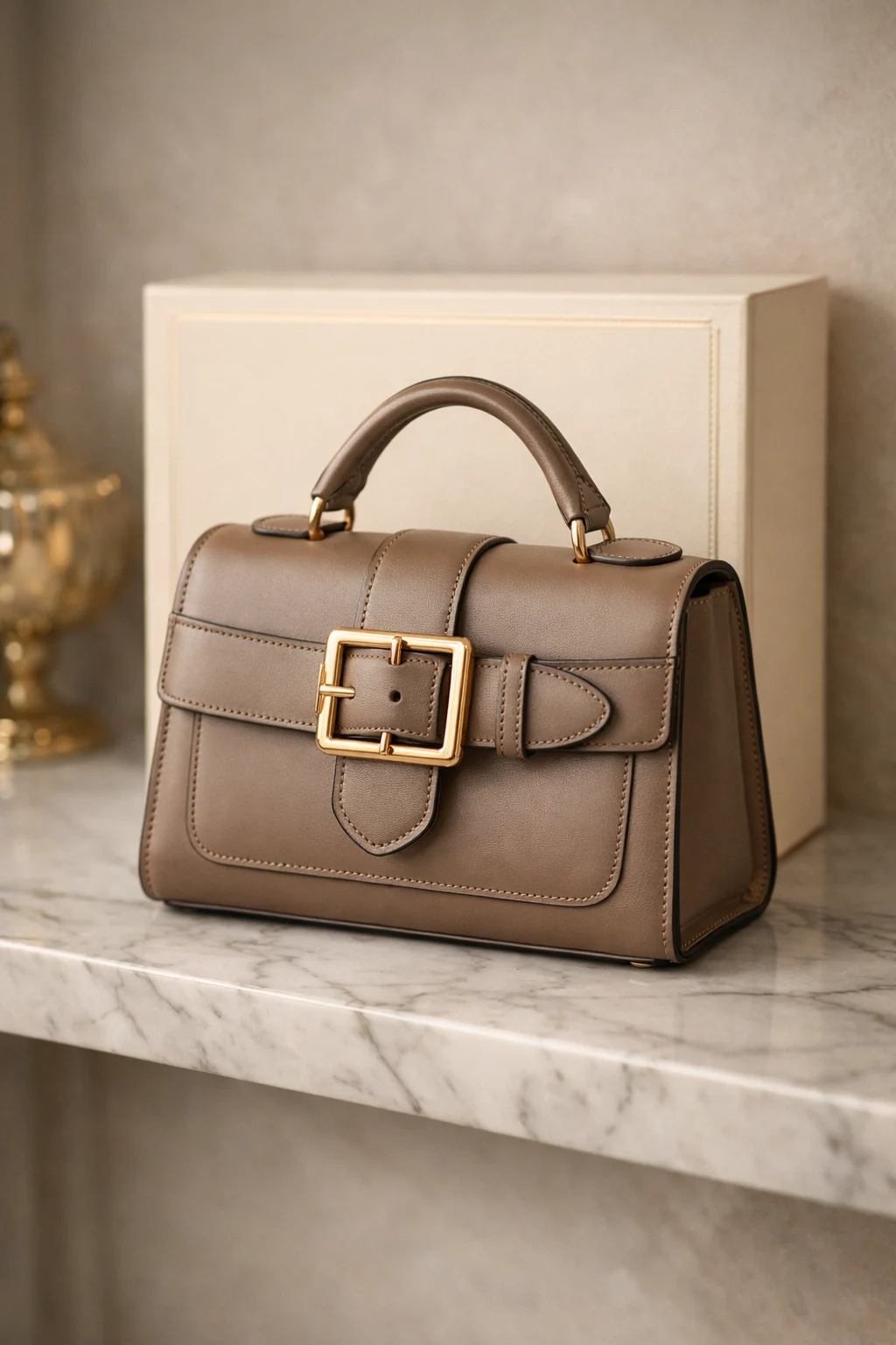 Taupe buckle detail structured purse inspiration, elegant handbag design