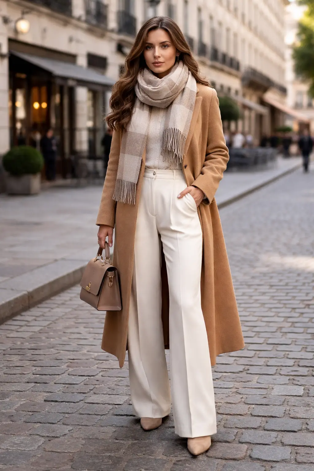 Elegant long coat winter outfit with scarf and wide leg pants