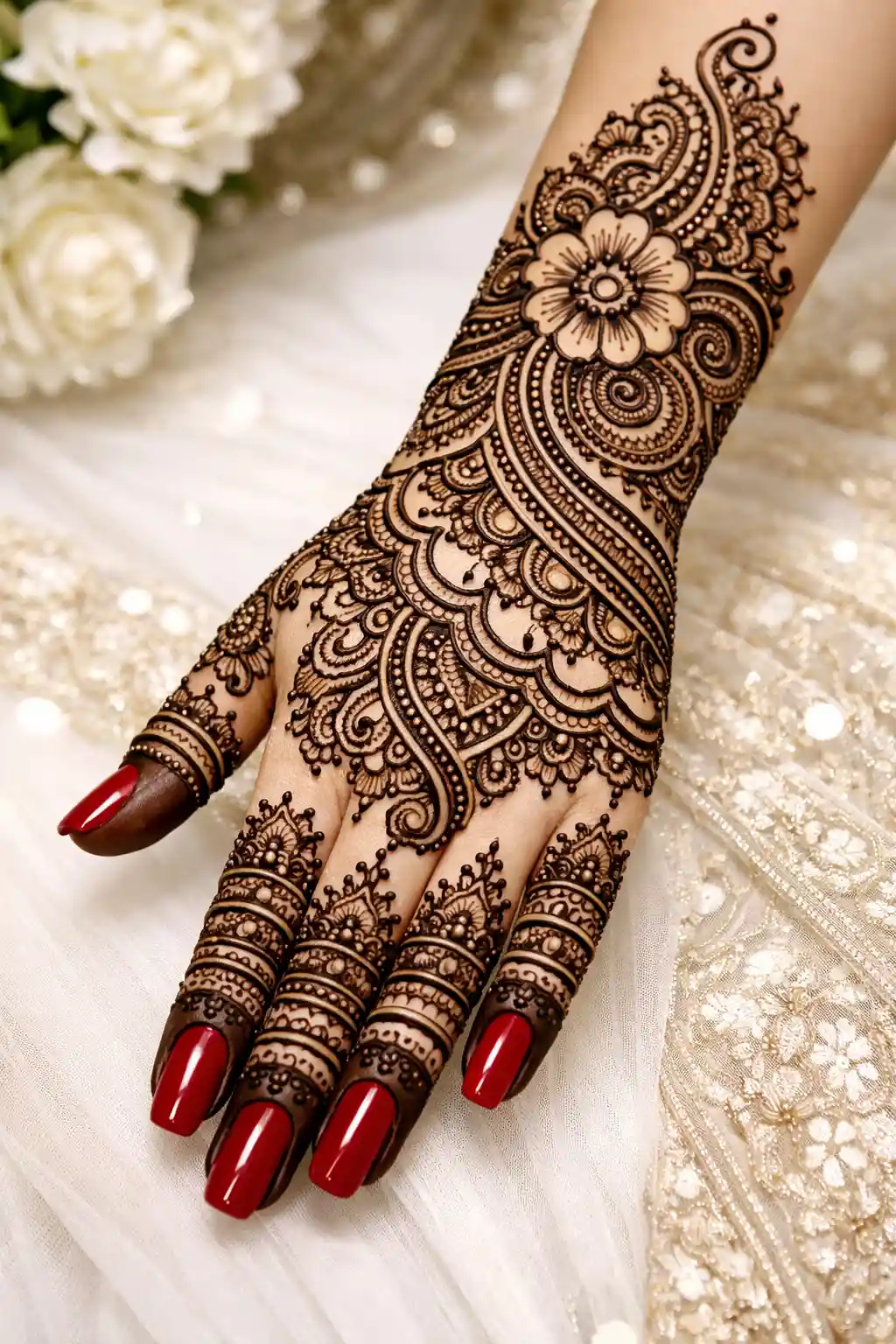 Elegant Pakistani mehndi design for back hands with flowing pattern, fine detailing, and traditional style for weddings and festive events
