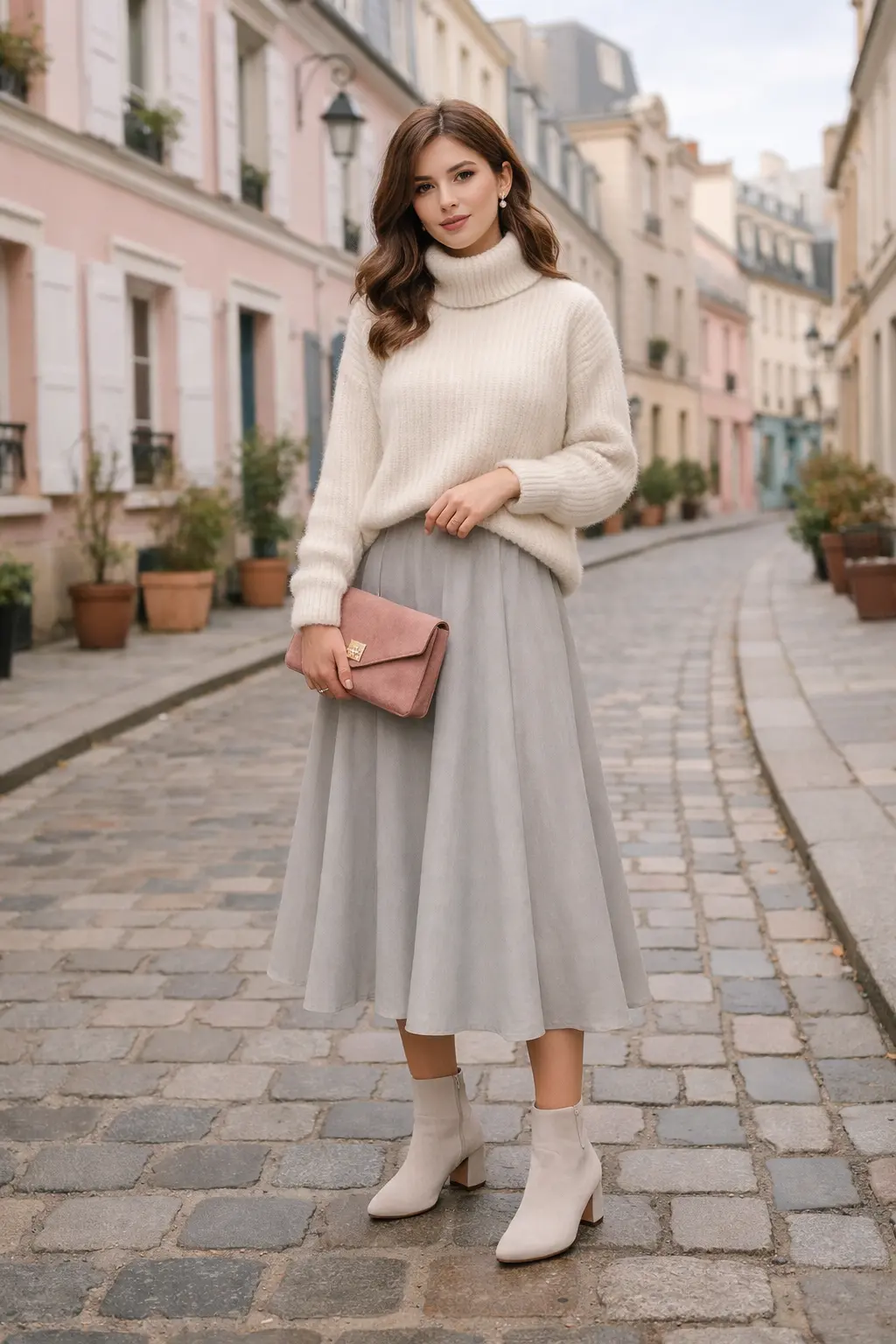 Turtleneck sweater with midi skirt winter outfit for girls romantic date look