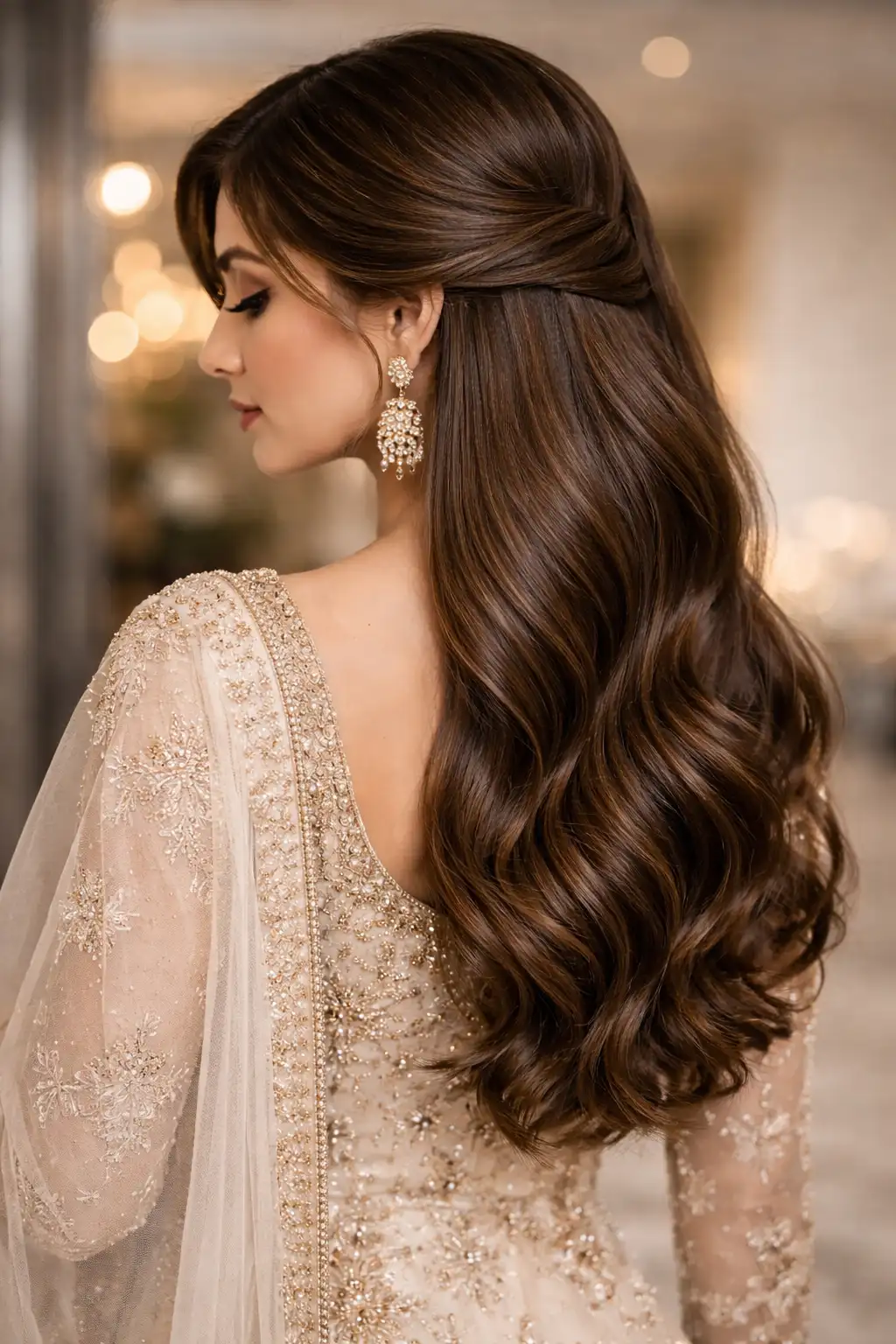 Side swept half up soft wave hairstyle for girls with long wavy hair styled elegantly for a wedding or formal event