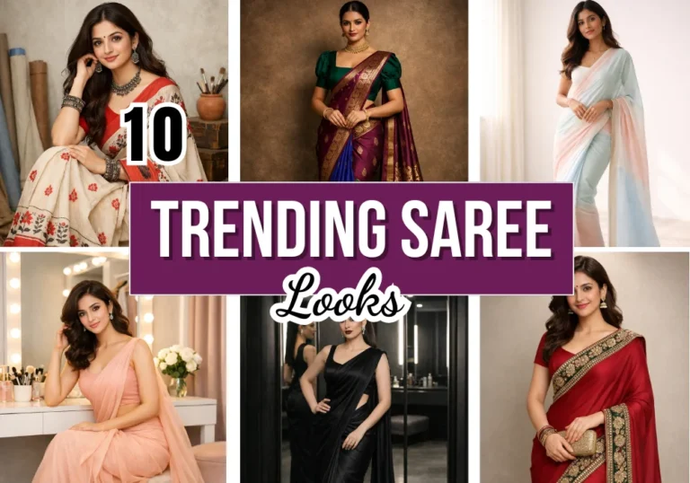 10 trending saree looks collage featuring pastel cotton saree banarasi silk saree chiffon saree black saree and festive red saree for indian women fashion inspiration