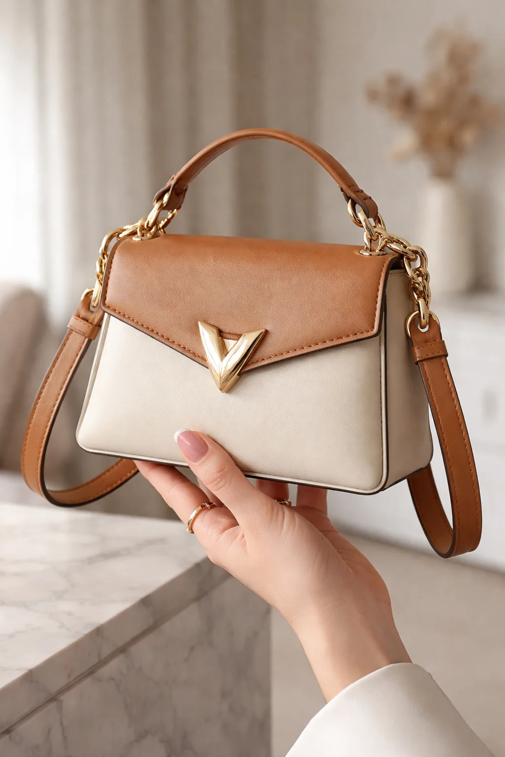 Two tone structured shoulder purse inspiration in cream and tan