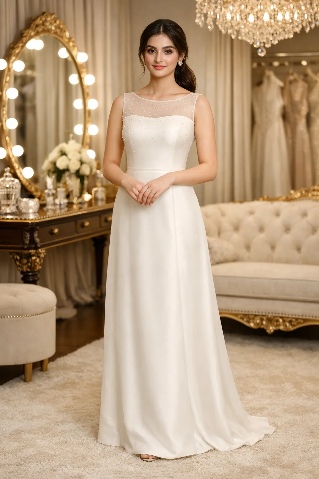 White illusion neck prom dress with pearl detailing and clean fitted silhouette