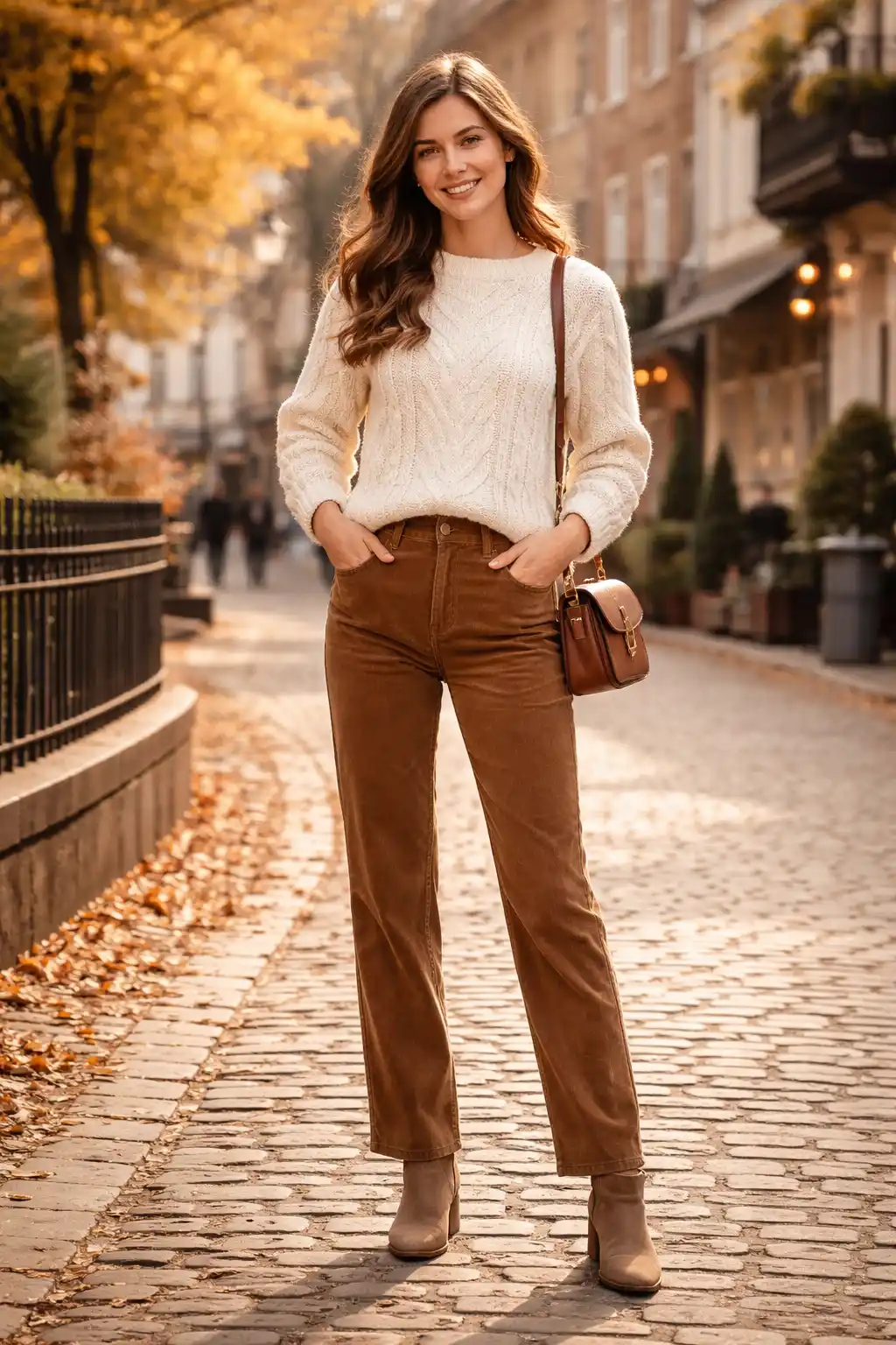 Cable knit sweater cozy winter outfit with corduroy pants