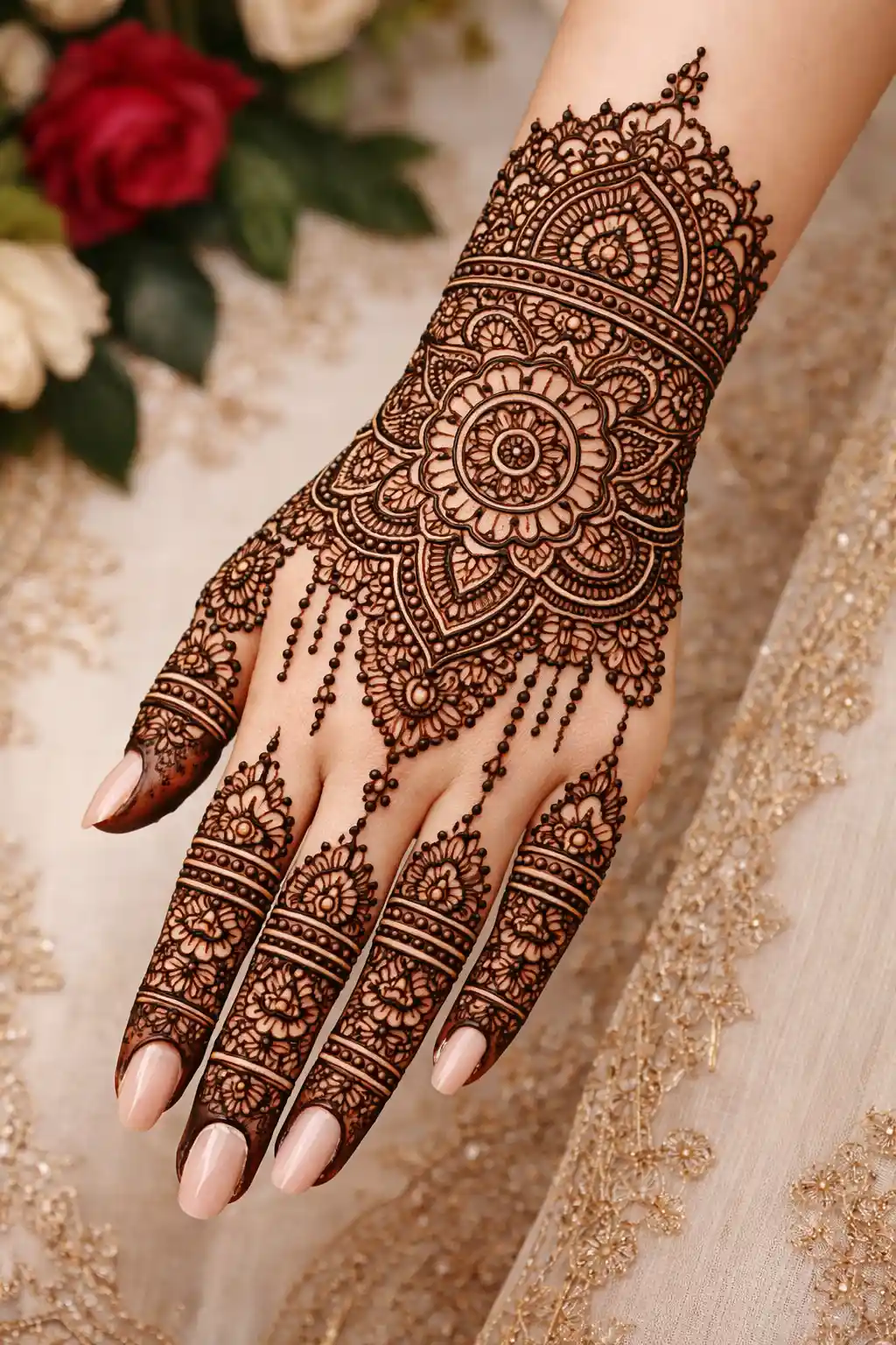 Royal mandala Pakistani mehndi design with layered detailing, fine line work, and elegant traditional style for weddings and festive events