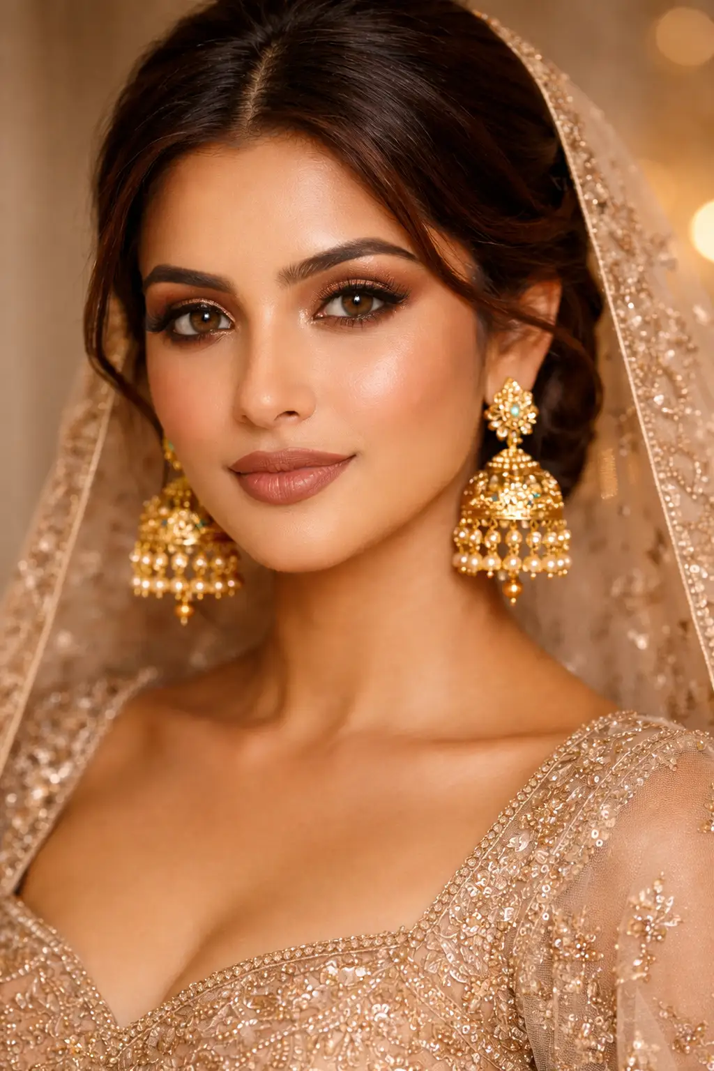 warm caramel bridal makeup bold eye definition glowing skin wedding makeup look