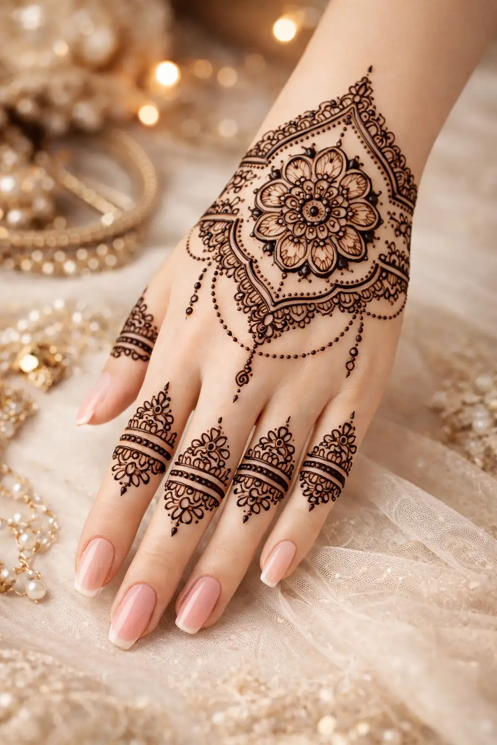 arabic mehndi design with geometric frame and central mandala pattern