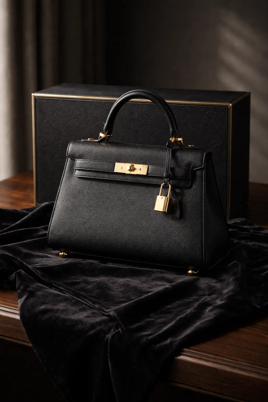 Black structured purse inspiration with gold lock, luxury handbag