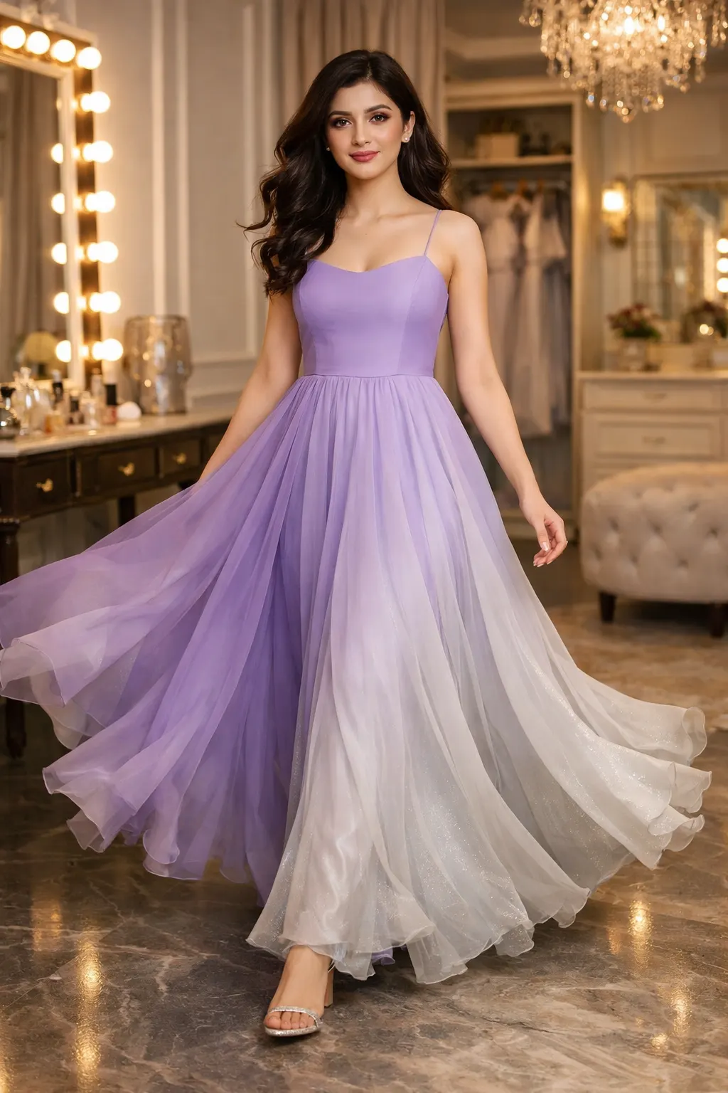 Lilac ombre tulle prom dress with flowing layers and dreamy gradient design