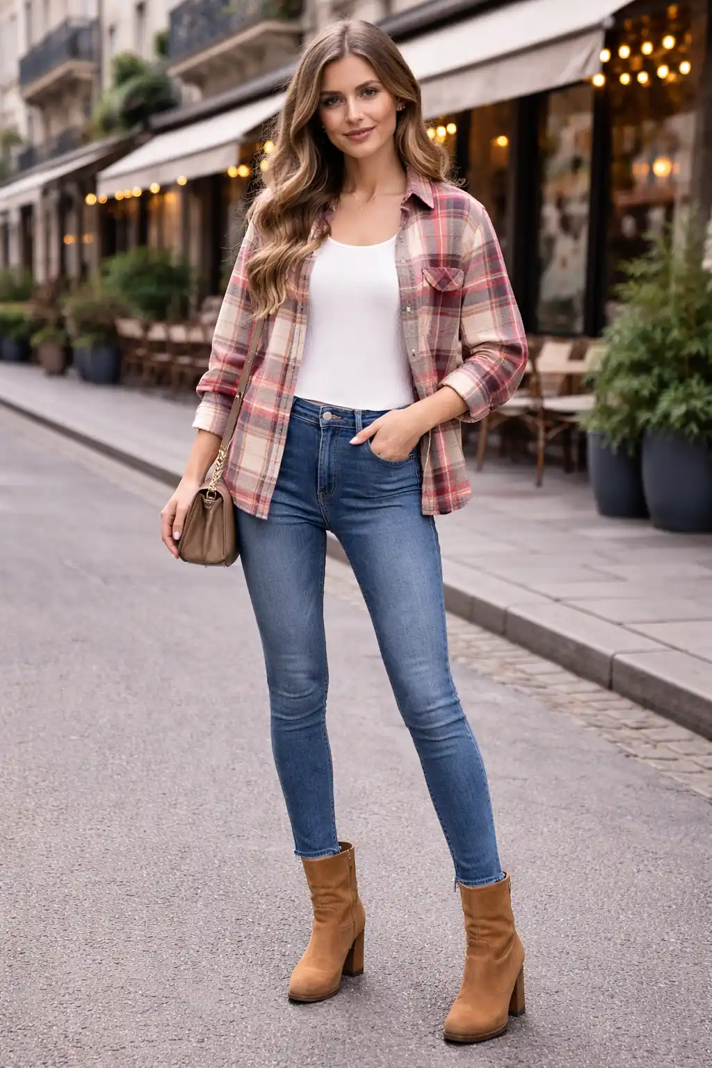 Flannel shirt layered winter outfit with thermal top and jeans