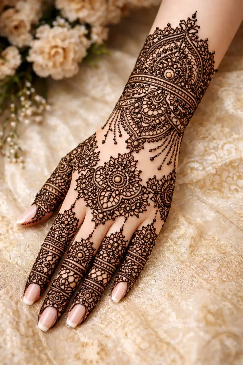 Regal layered Pakistani mehndi design with hanging details, fine line work, and elegant traditional style for weddings and festive occasions
