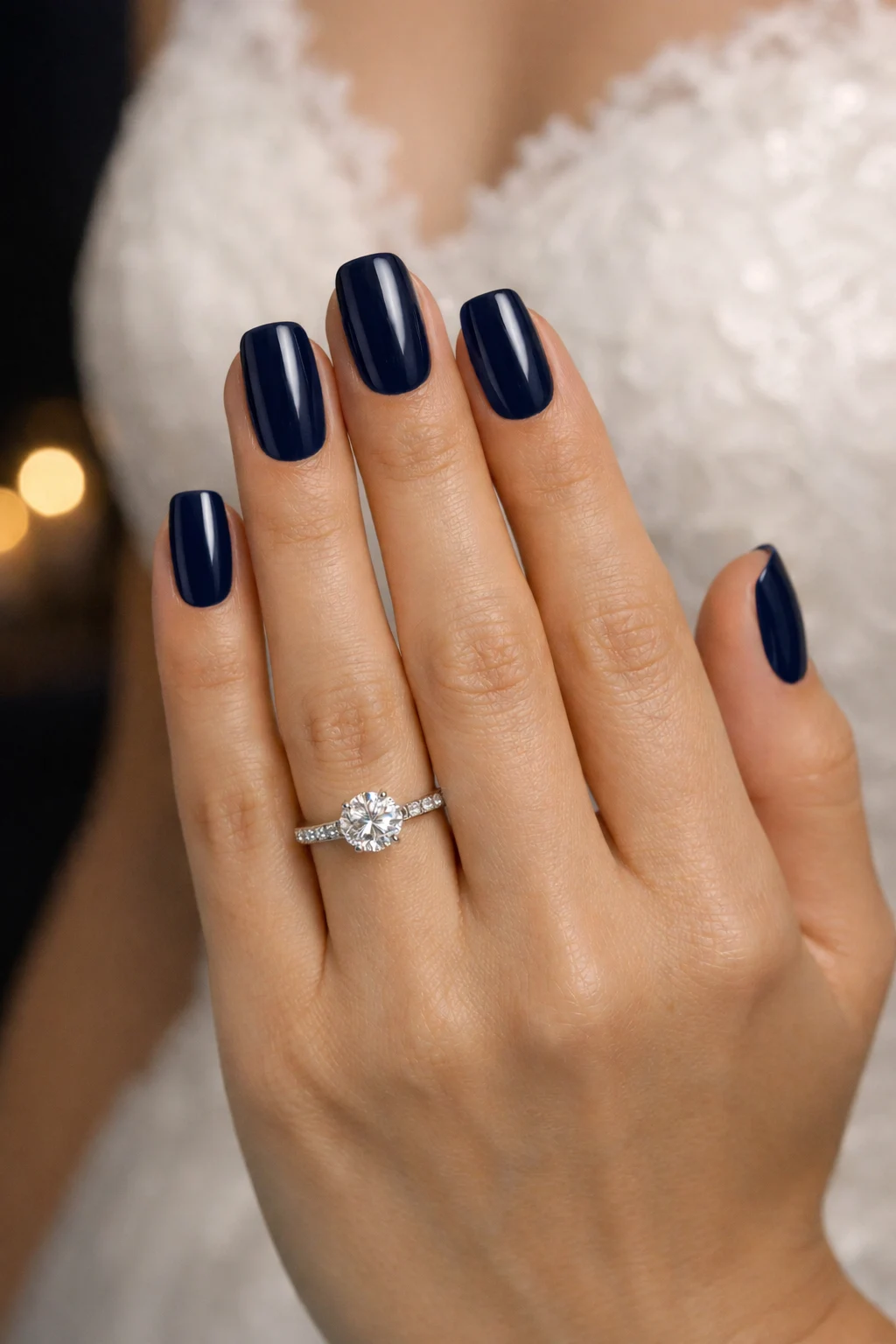 Classic navy blue bridal nails with glossy finish for modern weddings