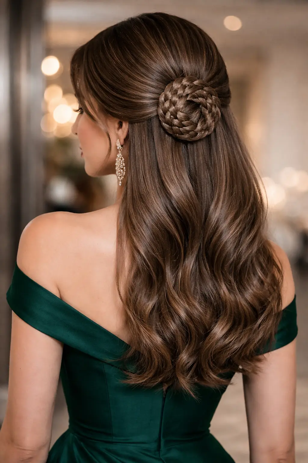 Elegant braided bun half up hairstyle for girls with long wavy hair styled neatly from the back for weddings and formal occasions