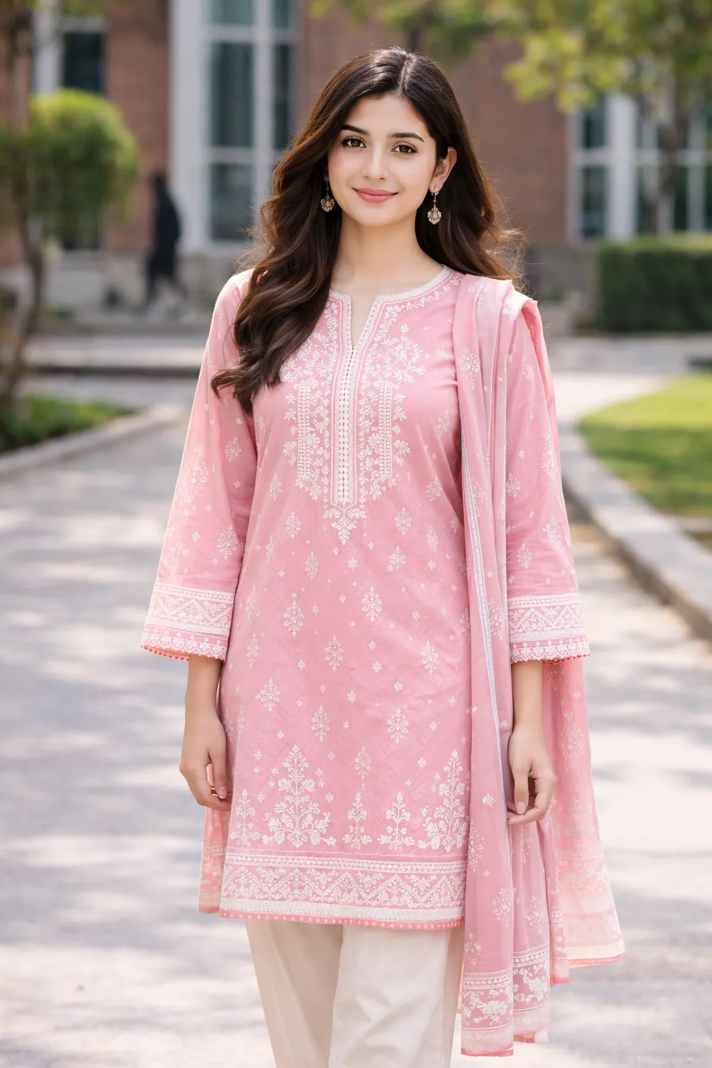 Soft pink dress design featuring simple white embroidery and a comfortable, timeless look