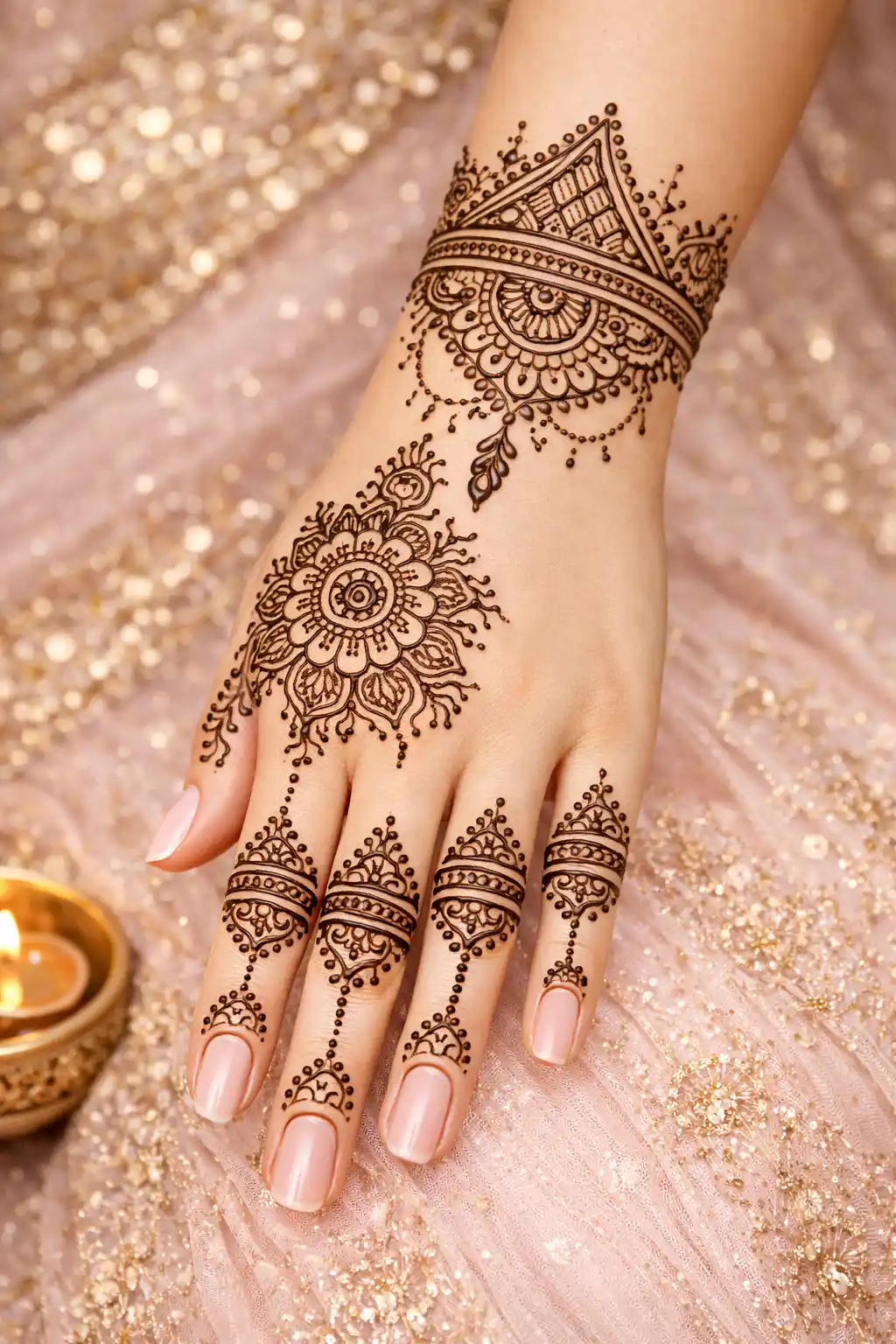 detailed wrist cuff mehndi design with floral accent and pointed finger patterns