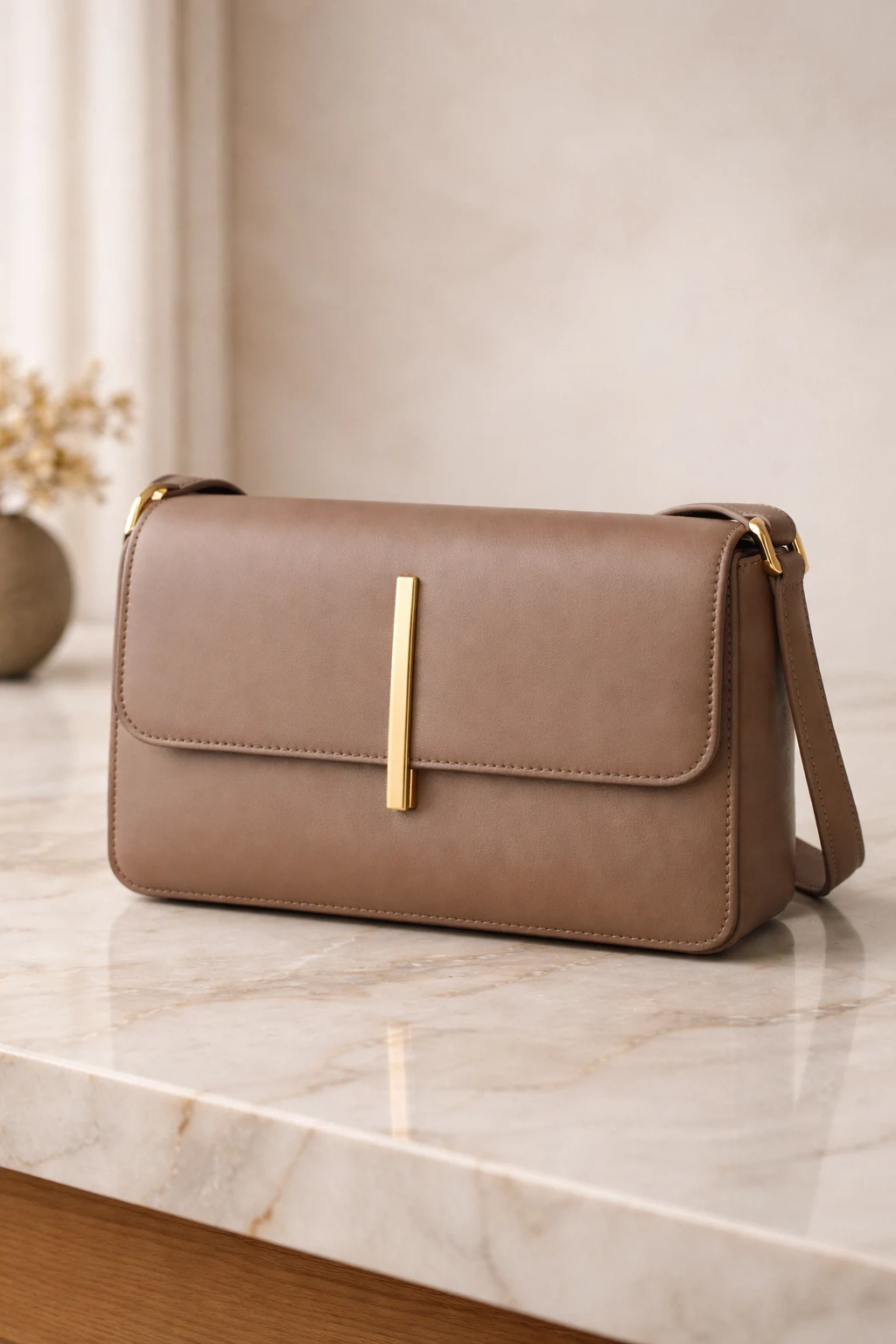 Minimal taupe shoulder purse inspiration with gold bar detail