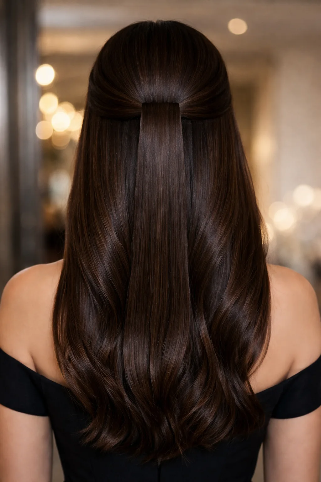 Sleek half up straight wave hairstyle for girls with long smooth hair styled neatly from the back for formal and evening events