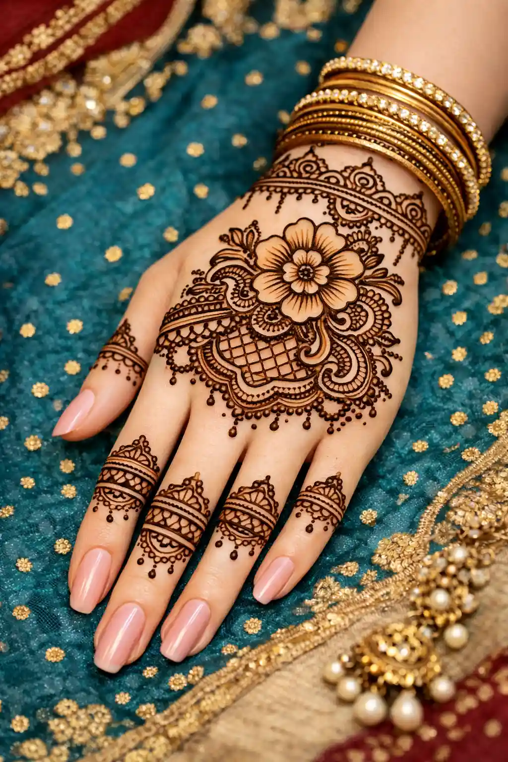 grand floral center mehndi design with structured borders and clean finger bands