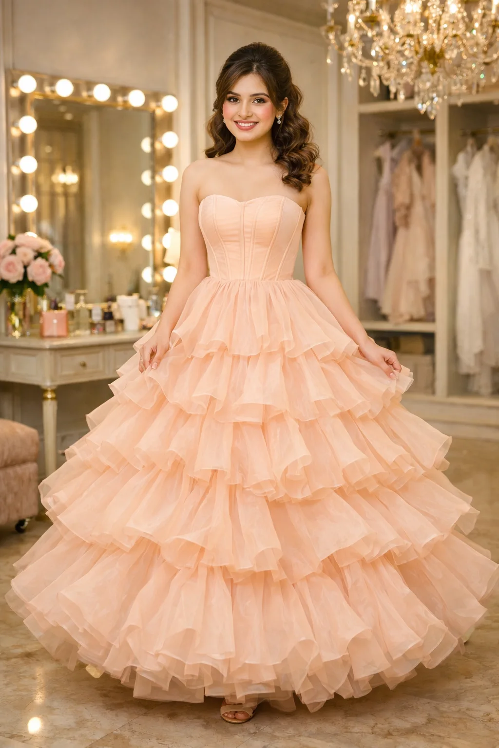 Peach ruffle ball prom dress with strapless corset bodice and voluminous skirt