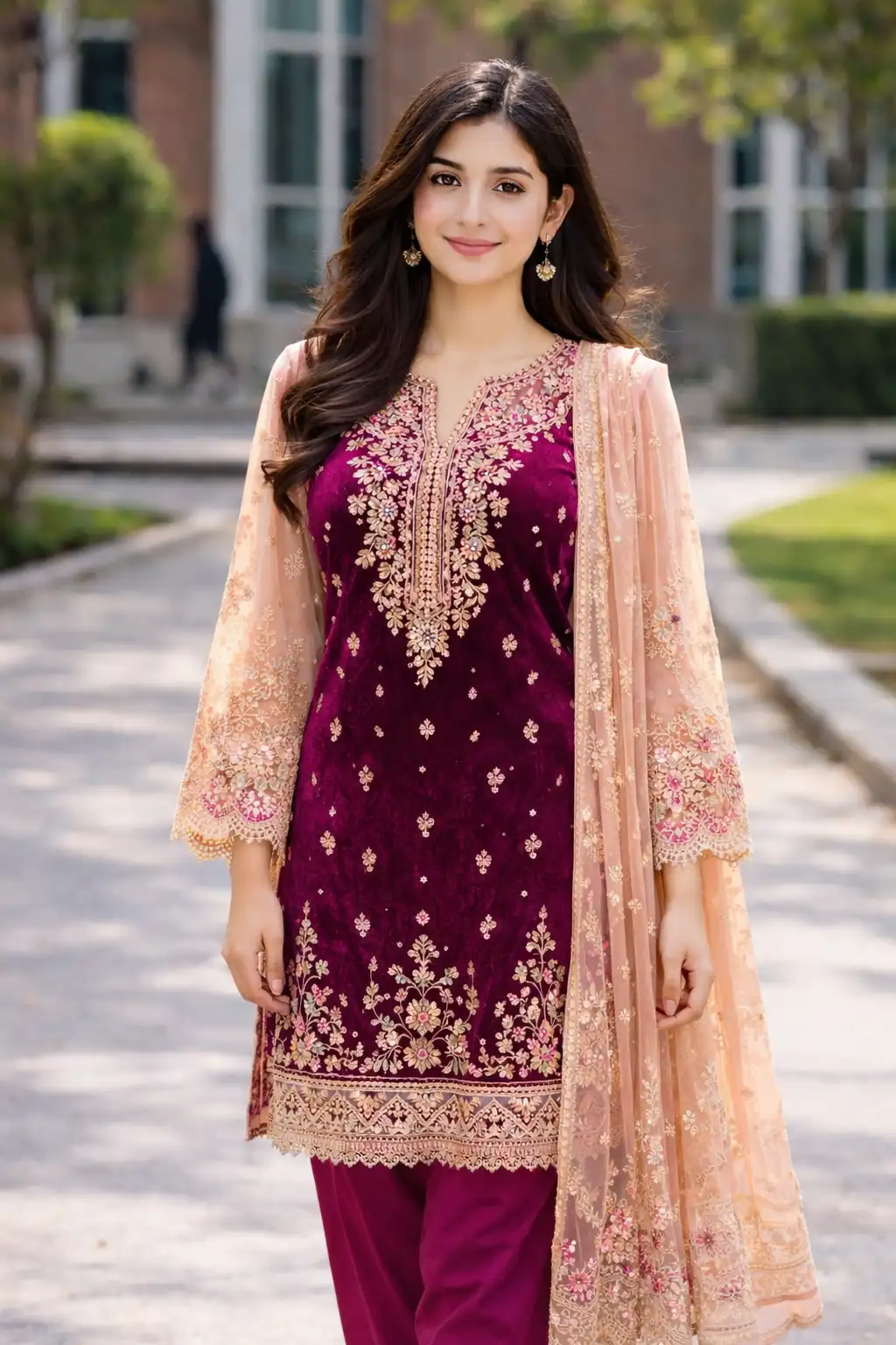 Deep purple dress design featuring soft peach embroidery and a clean, graceful style