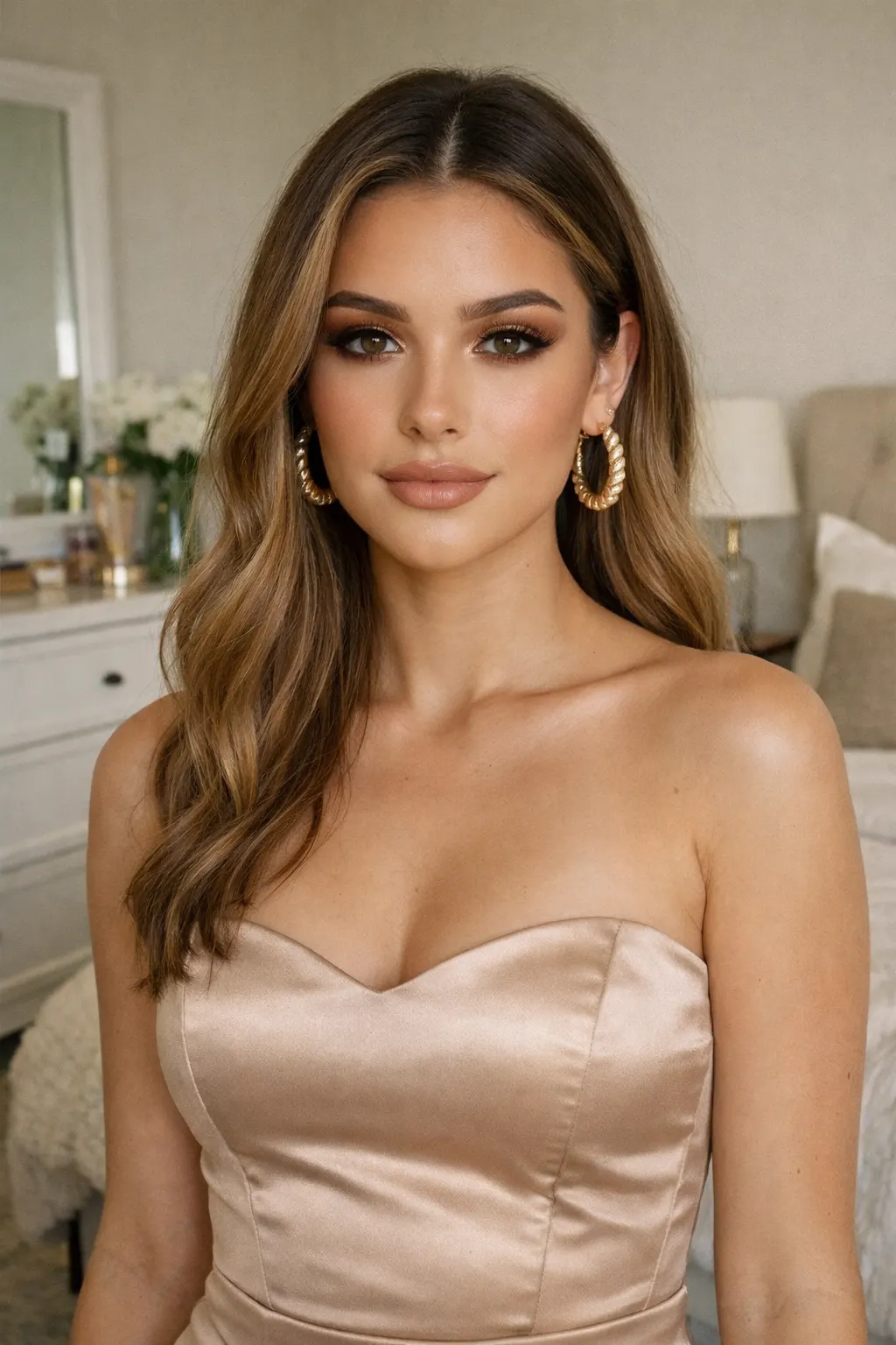 Latte glam prom makeup with warm brown eyeshadow, glowing skin, soft blush, and nude beige lips