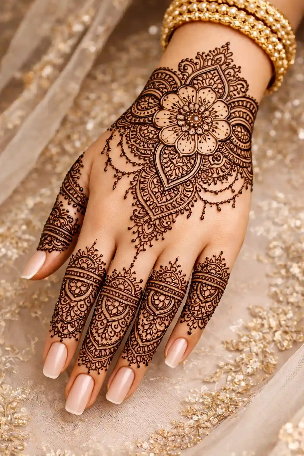 Regal lotus chain mehndi design with detailed finger patterns, elegant Pakistani bridal style for weddings and formal events