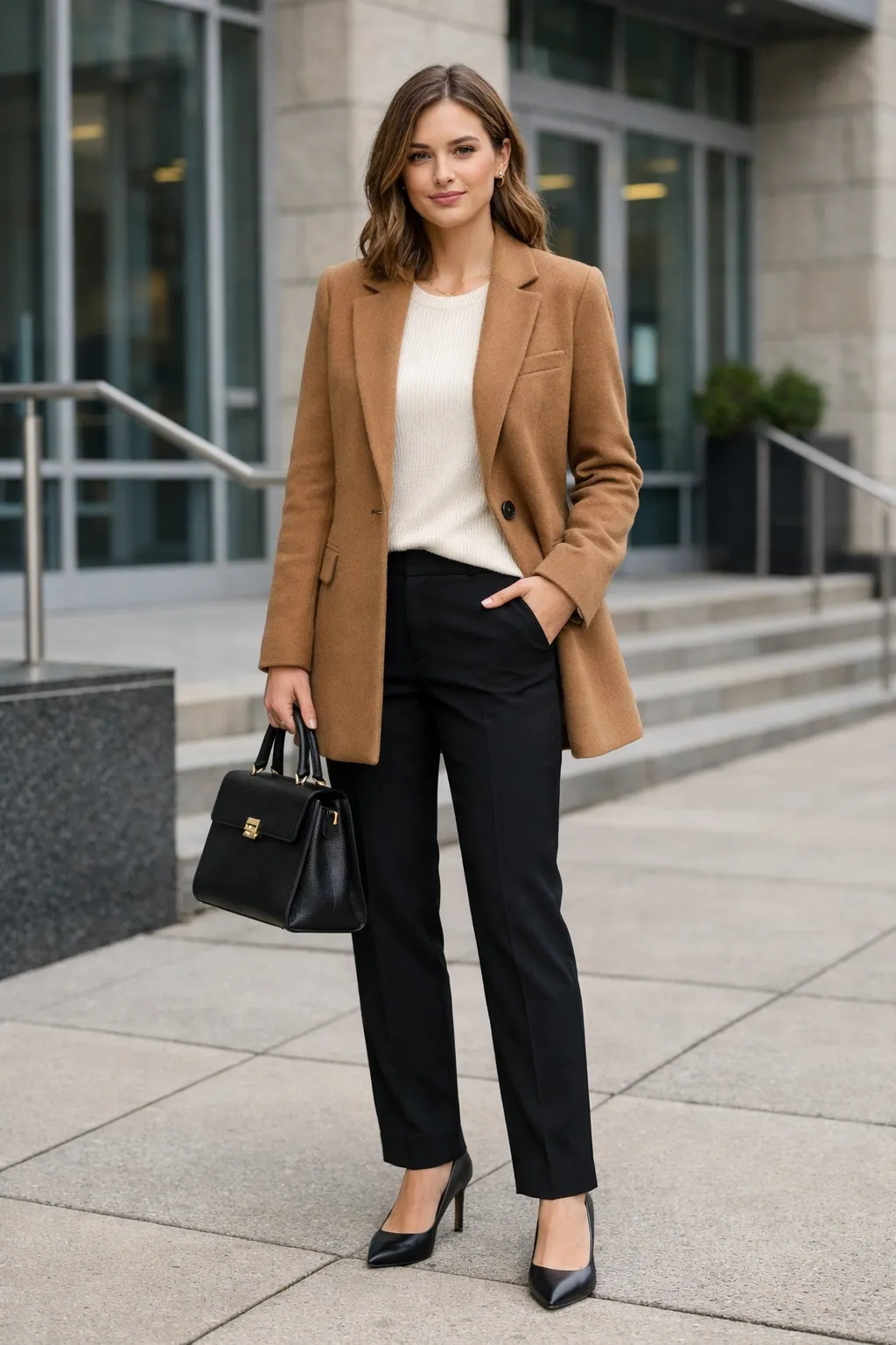 Brown blazer with knit top and black pants casual winter outfit for girls office style