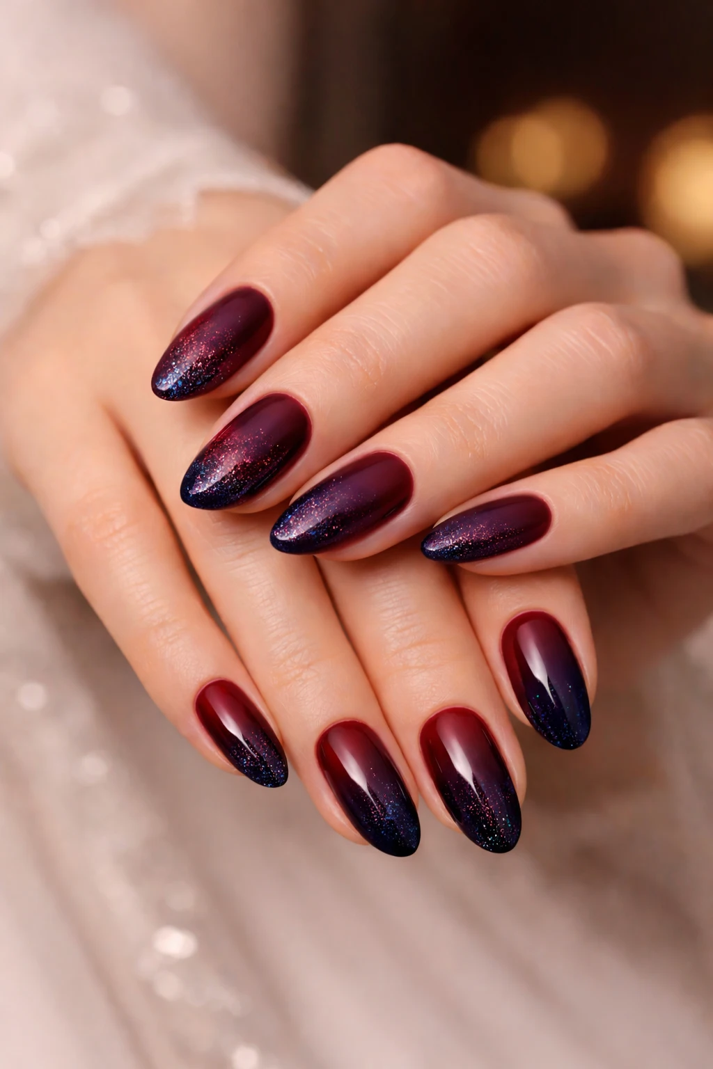 Burgundy to navy ombre bridal nails with shimmer for elegant weddings