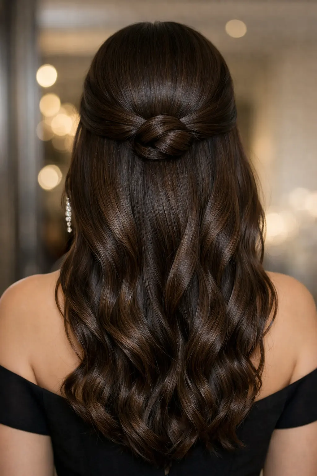 Knotted half up soft wave hairstyle for girls with long wavy hair styled neatly from the back for formal and wedding events
