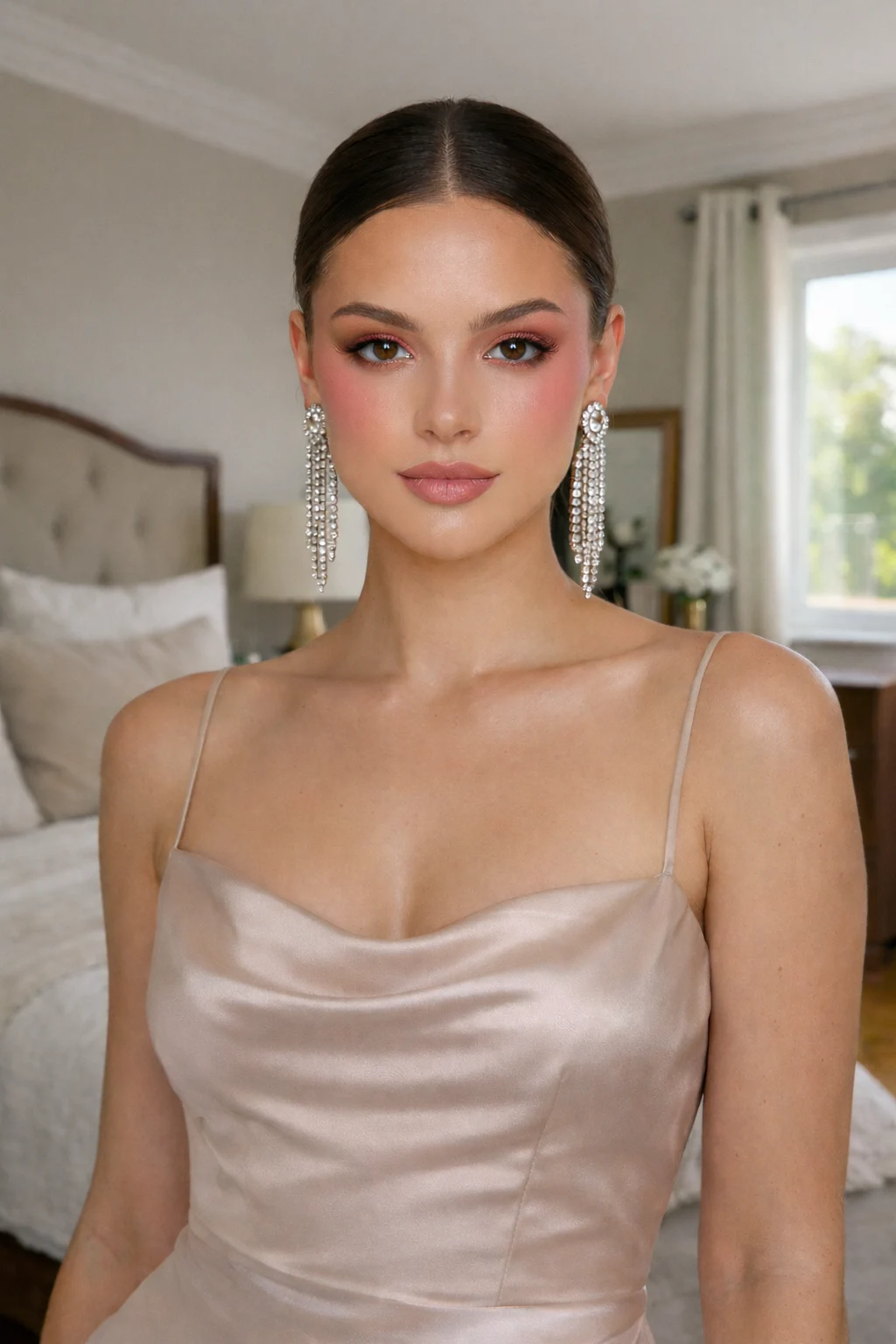 Rosy doll prom makeup with pink eyeshadow, rosy blush, glowing skin, and soft nude pink lips