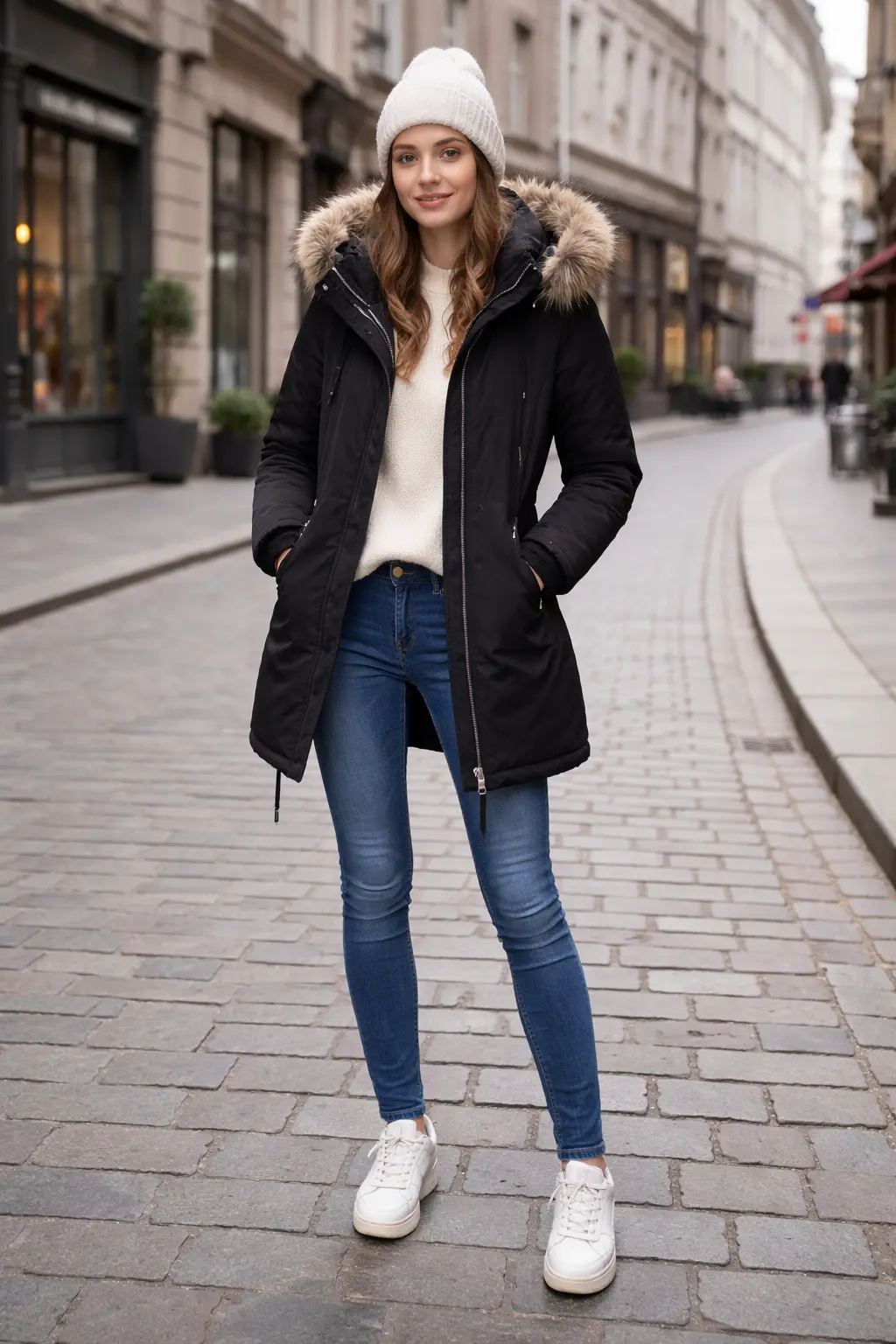 Hooded coat winter street style outfit with beanie and jeans