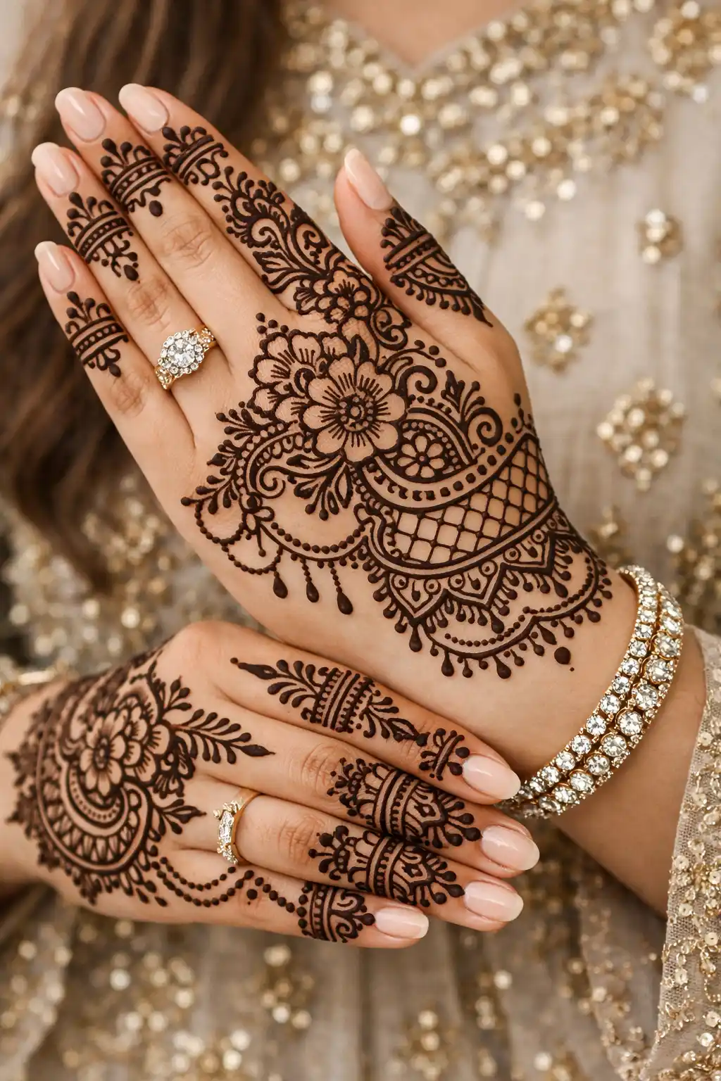 Elegant dual bloom Pakistani mehndi design with net detailing and refined finger patterns for weddings and festive looks