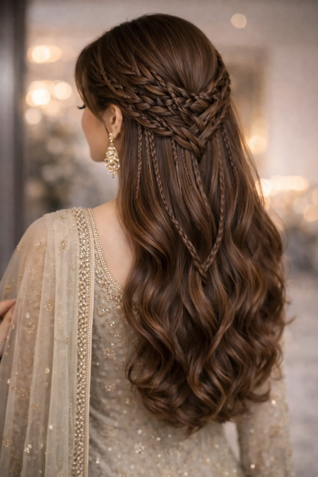 Multi braided half up wave hairstyle for girls with long wavy hair styled elegantly from the back for weddings and formal occasions