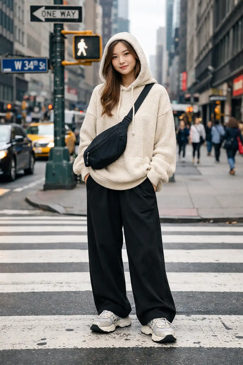 Fleece hoodie with wide leg pants casual winter outfit for girls street style