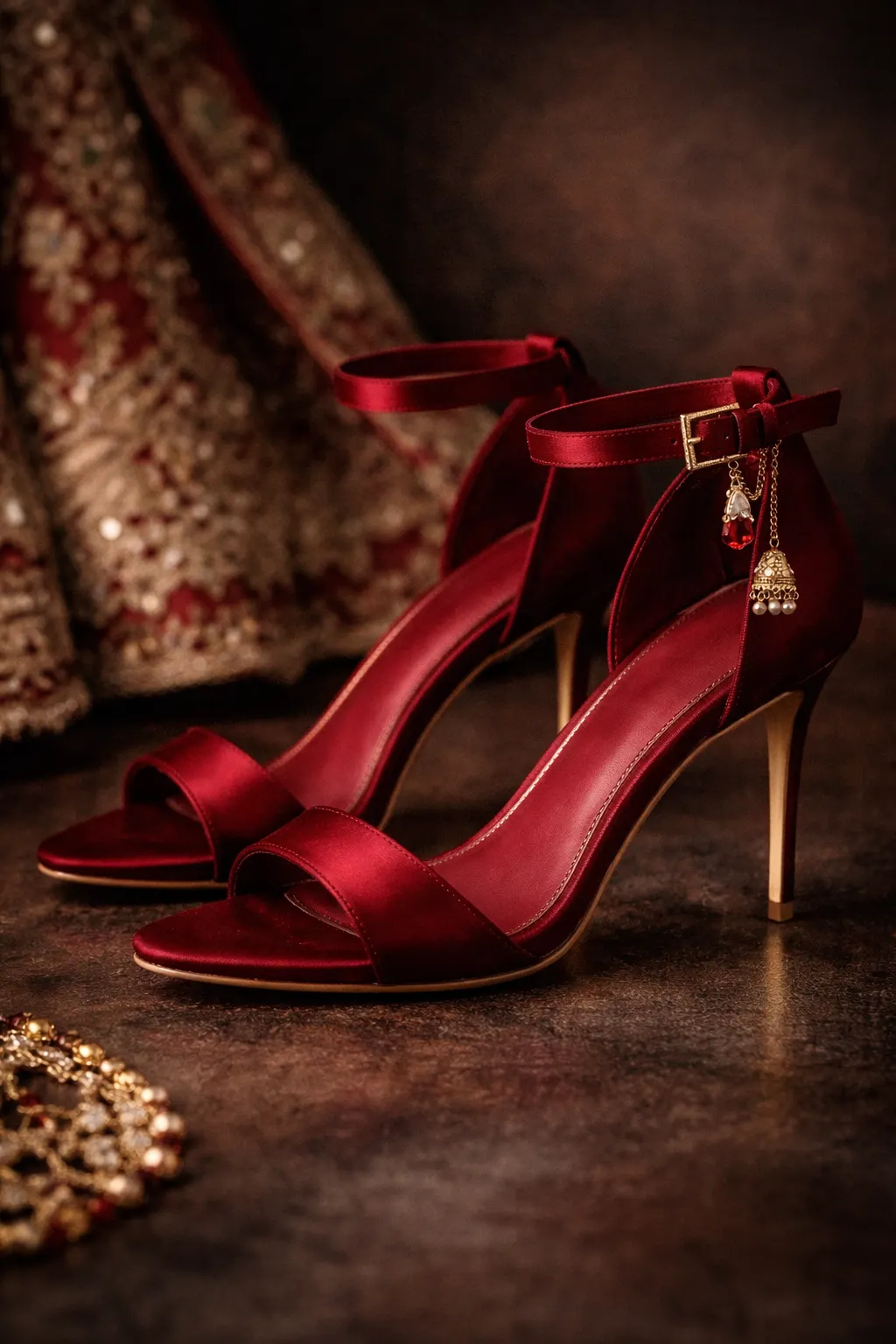 Deep satin bridal heels with ankle strap and pencil heel for wedding wear