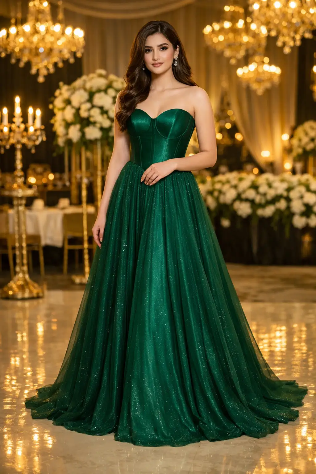Emerald green corset ball prom dress with structured bodice and voluminous skirt