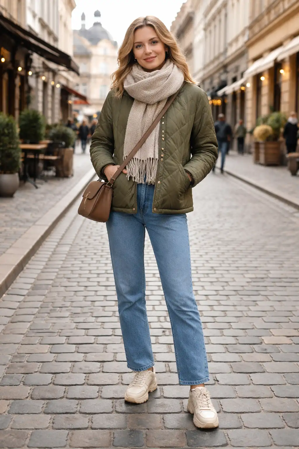 Quilted jacket everyday winter outfit with scarf and jeans