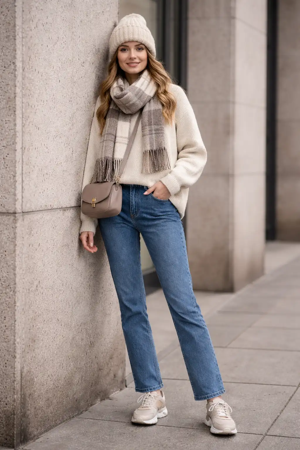 Knit sweater with scarf and jeans casual winter outfit for girls' everyday style