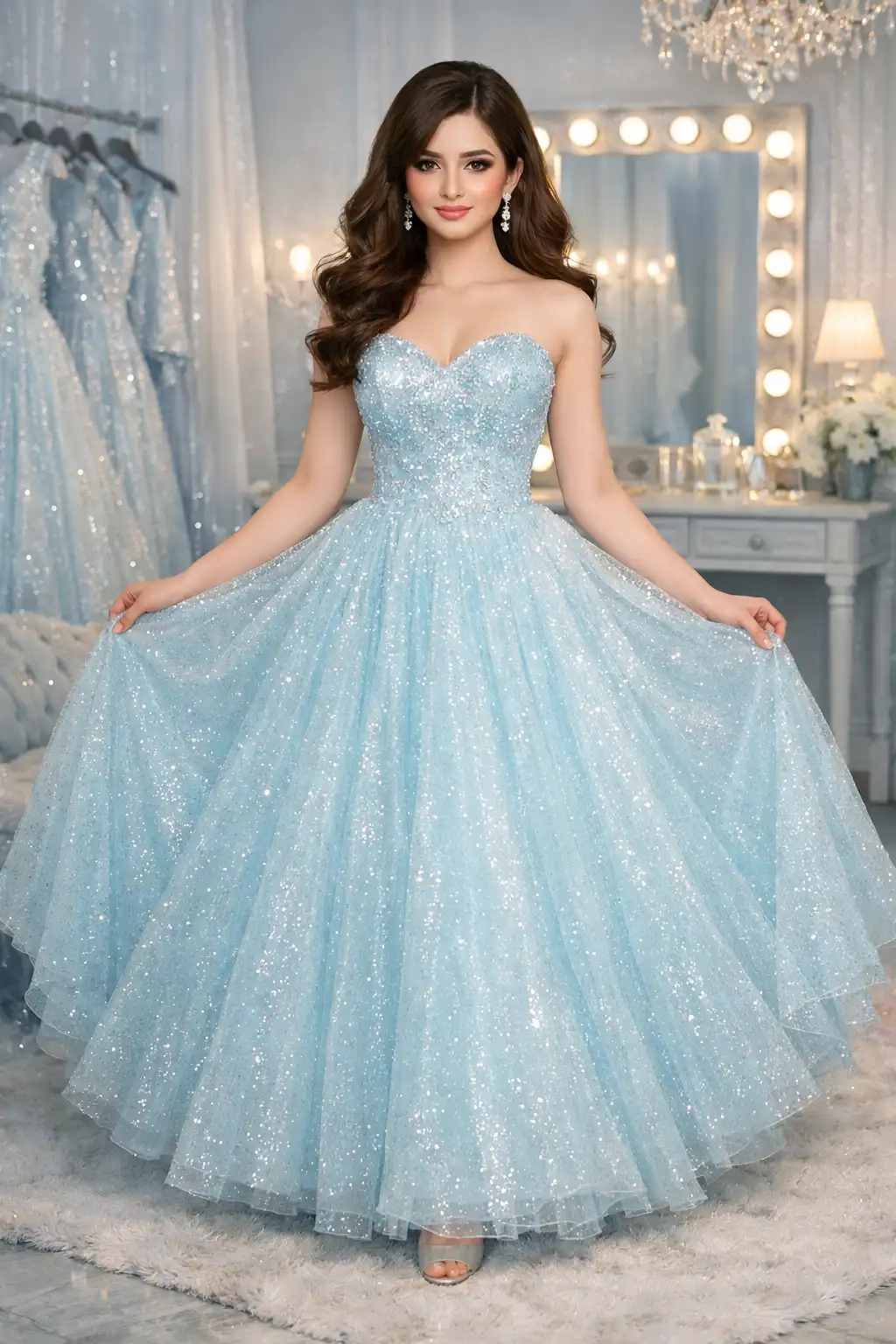 Ice blue glitter ball prom dress with sweetheart neckline and full princess skirt