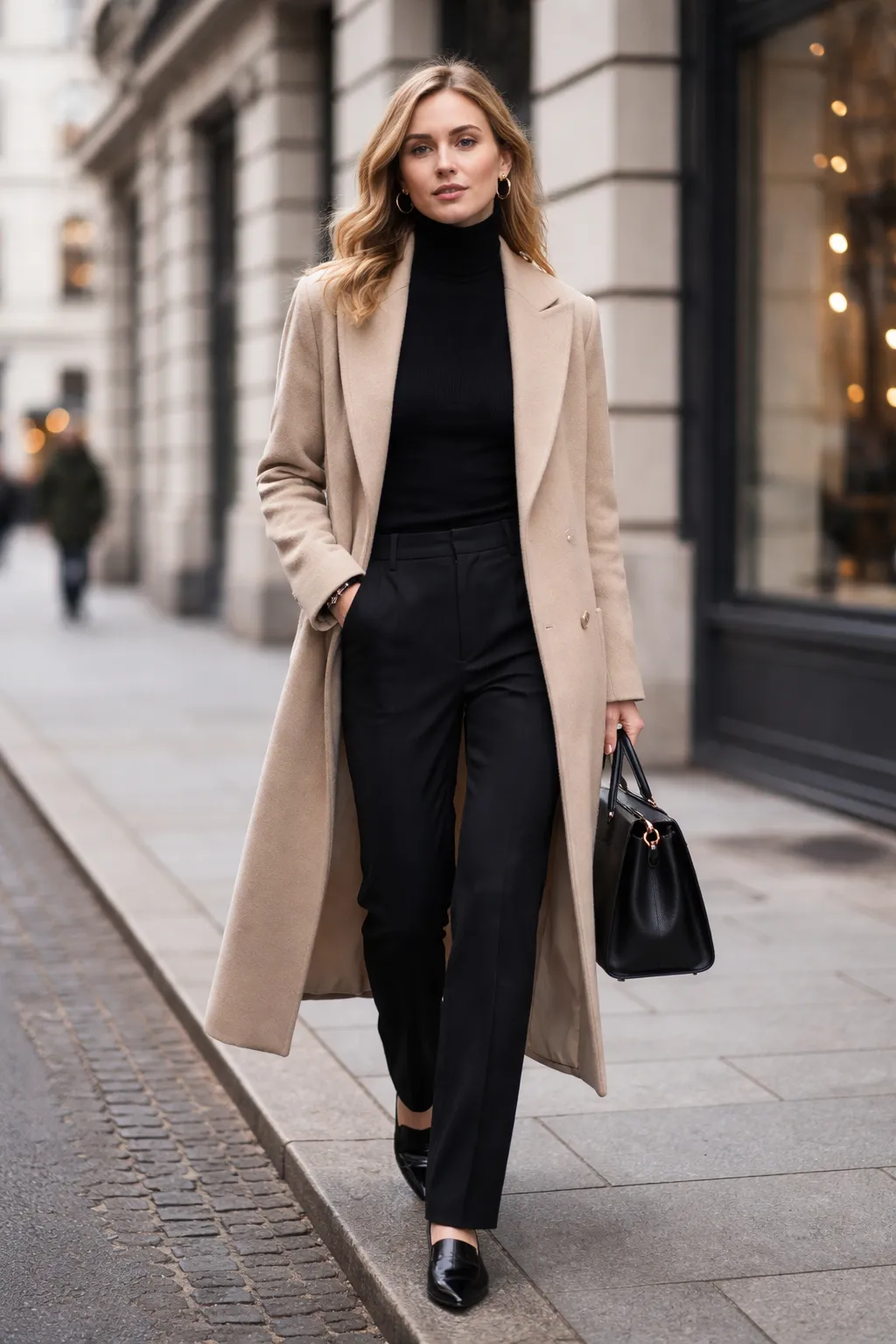 Classic wool coat winter outfit with turtleneck and straight pants