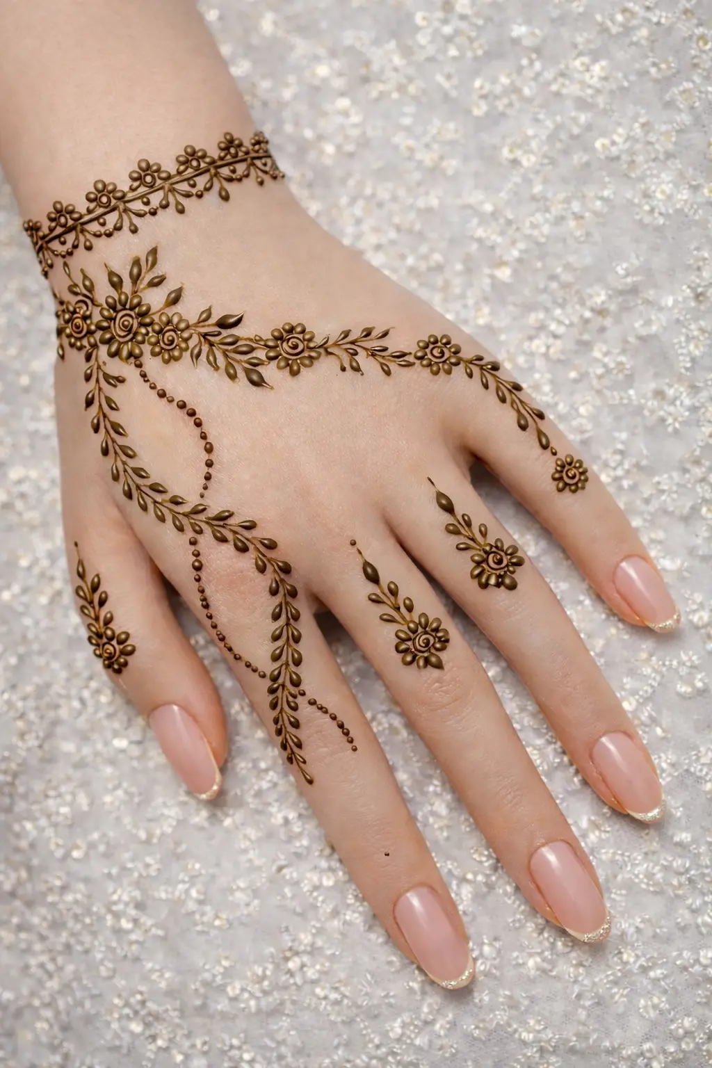 minimal floral vine mehndi design with open flow, soft leaves, and light finger accents