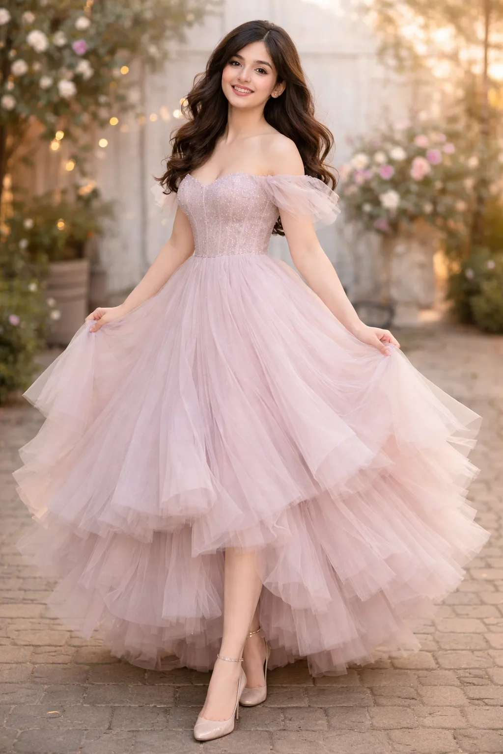 Blush pink off shoulder tulle prom dress with layered skirt and soft romantic design